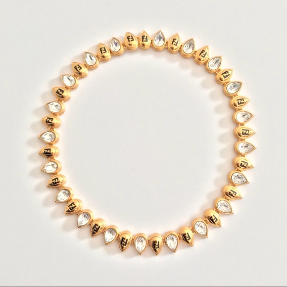 FENDI Rare Vintage FF Logo Gold & Crystal Necklace - Picture 2 of 6